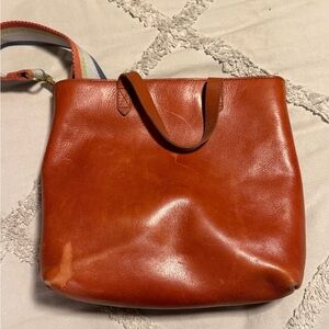 Madewell Tan Leather Tote with Multicolor Strap